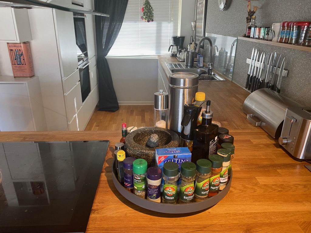 Open kitchen with spice rack